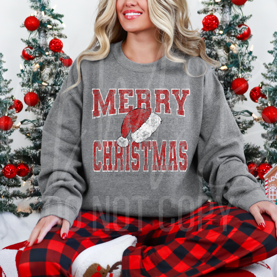 Distressed Merry Christmas Santa Hat Graphic Tee or Crewneck