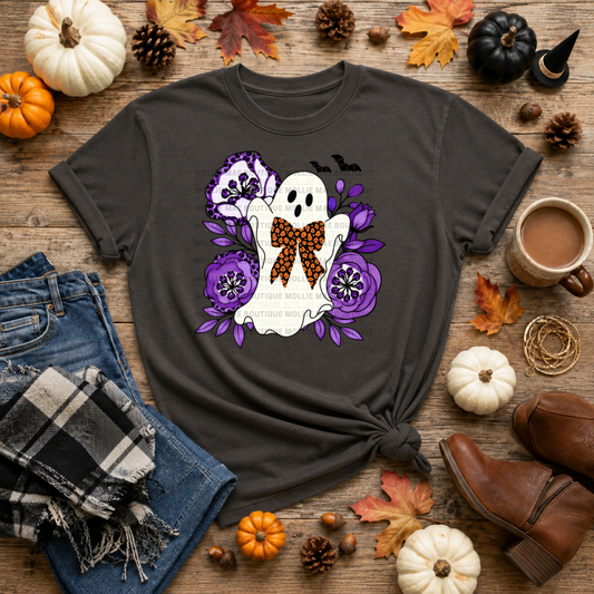 Purple Floral Ghost Halloween Comfort Colors Tee