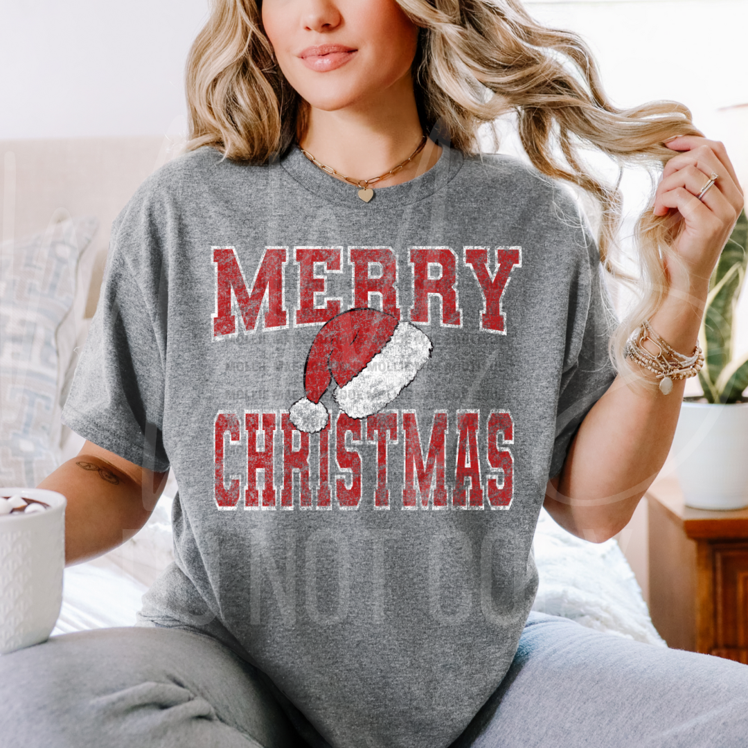 Distressed Merry Christmas Santa Hat Graphic Tee or Crewneck