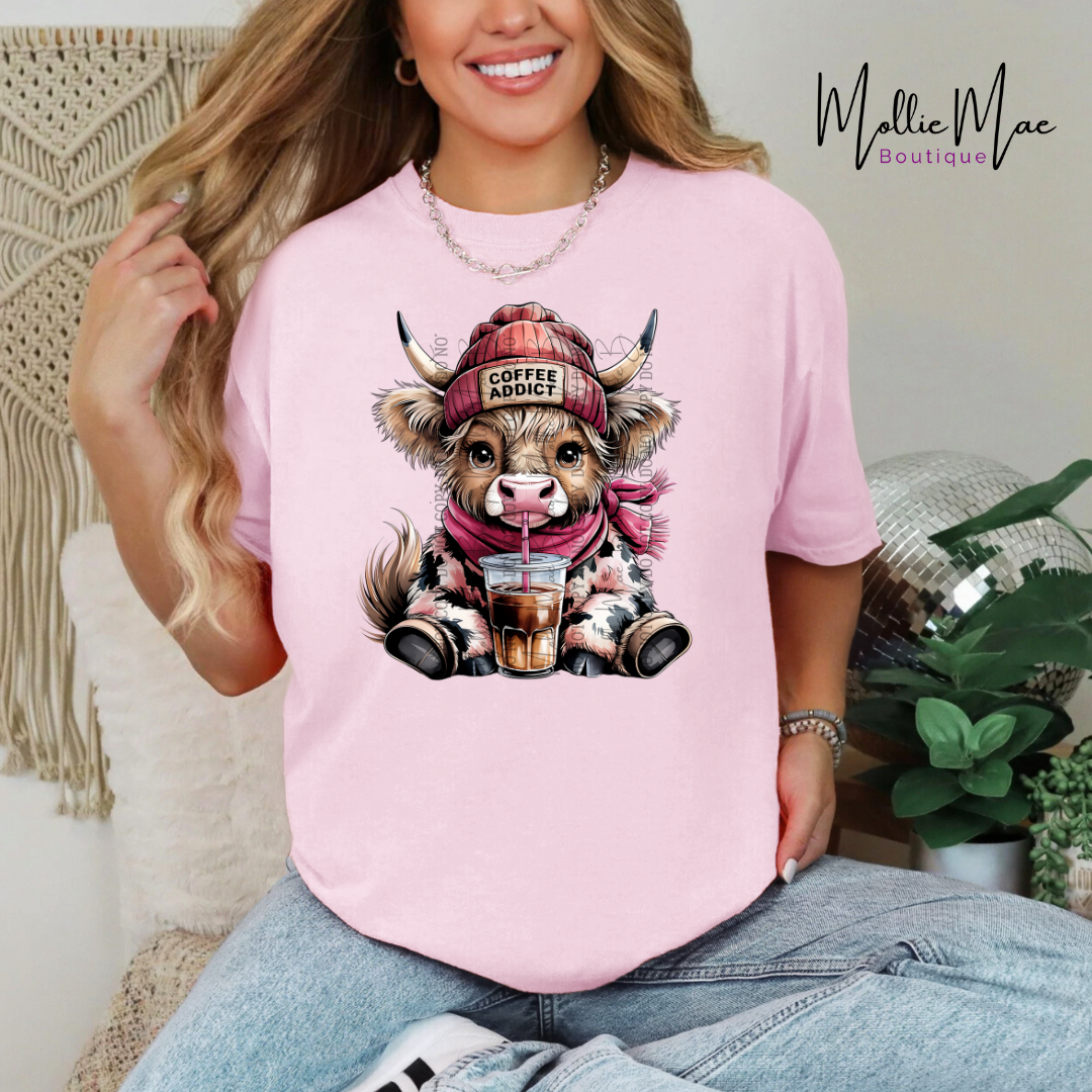 Coffee Addict Highland Cow Tshirt