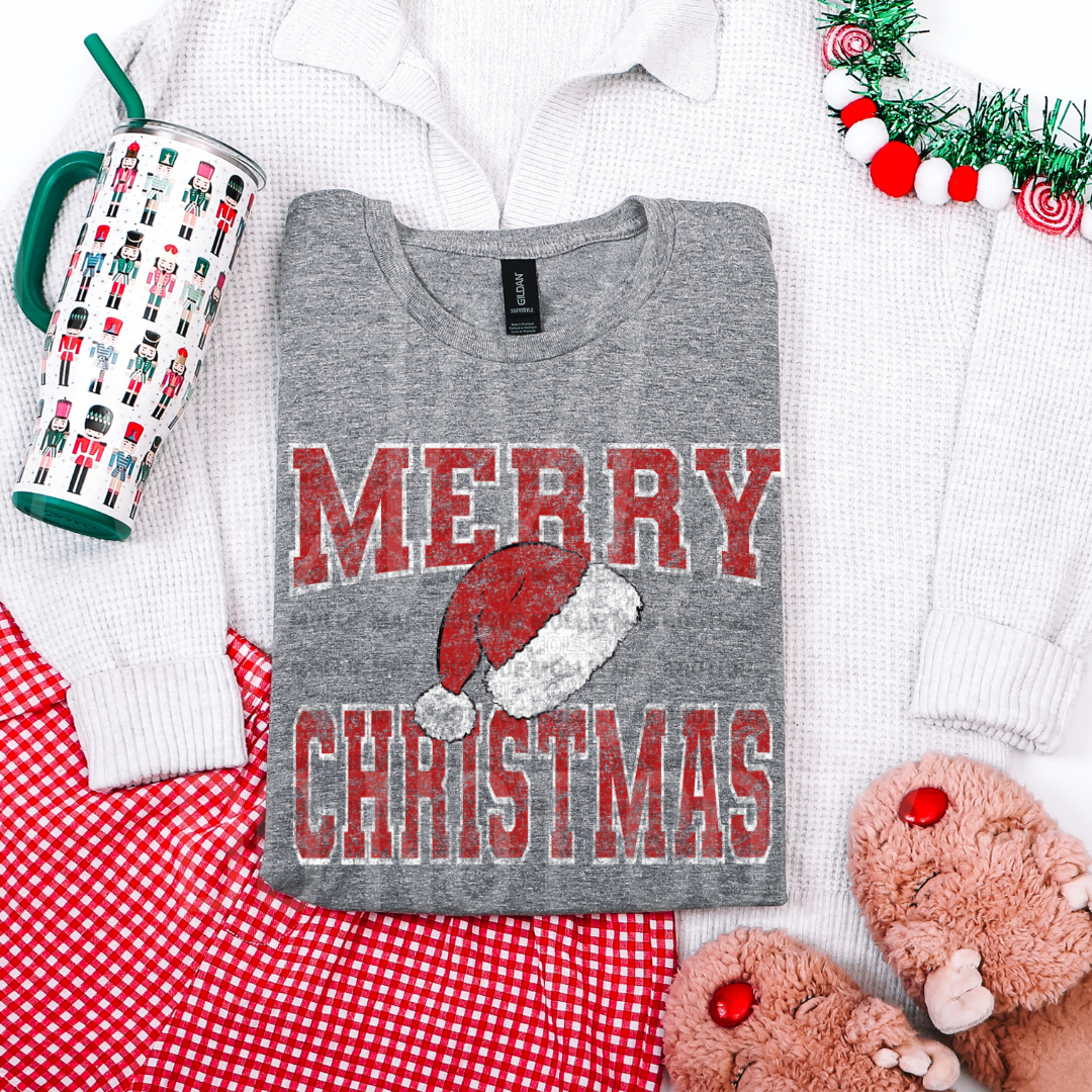 Distressed Merry Christmas Santa Hat Graphic Tee or Crewneck