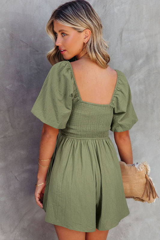 Solid Square Neck Ruched Puff Sleeve Romper