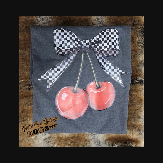 Checkered Coquette Bow and Cherries Tshirt