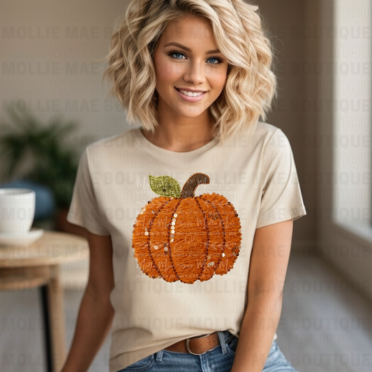 Fall Pumpkin Faux Yarn Sequins Graphic Sweatshirt or Tee
