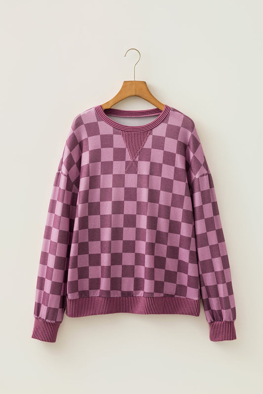 Red Checker Corded Knit Trim Long Sleeve Top with checker print women's boutique fashion
