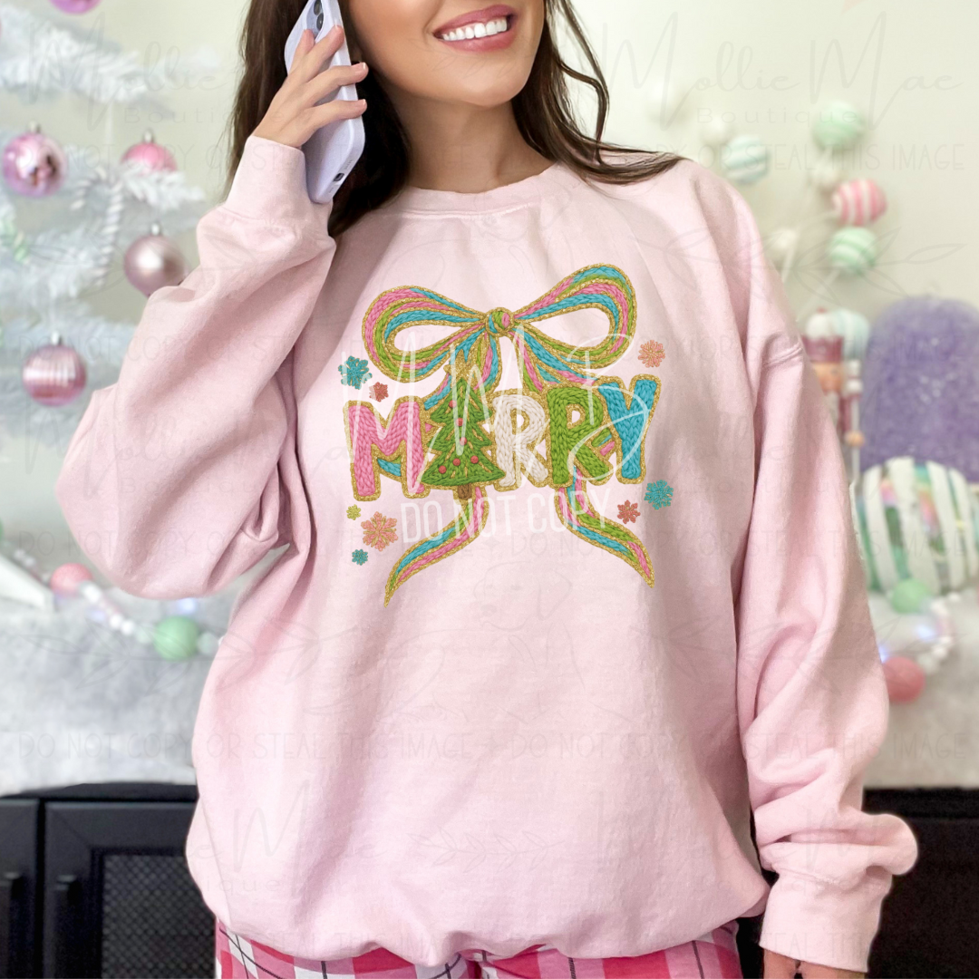 Merry Bow Faux Yarn Sweatshirt