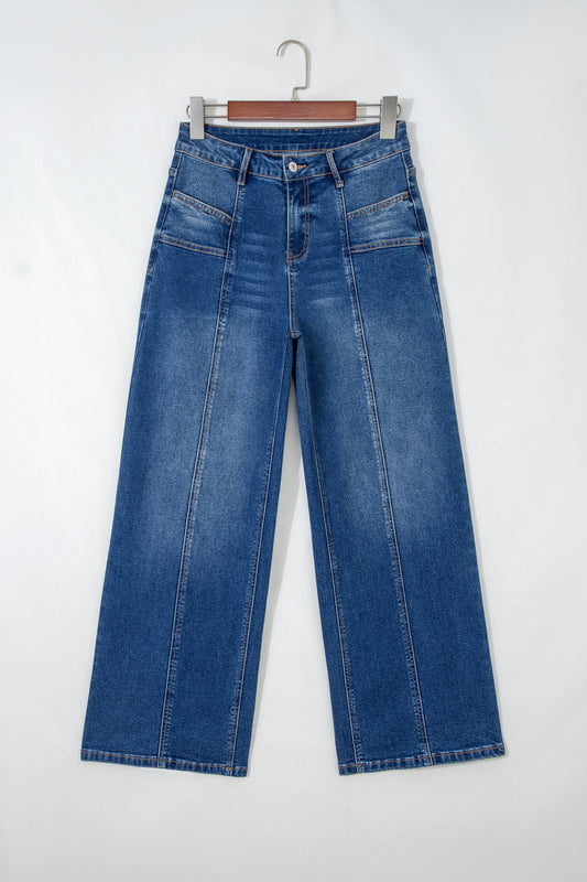 sky blue high waist jeans with seam detail and pockets boutique denim