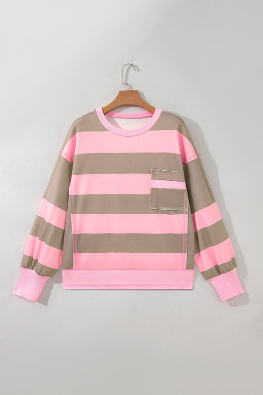 plus size pink stripe raw seam drop shoulder oversized boutique sweatshirt