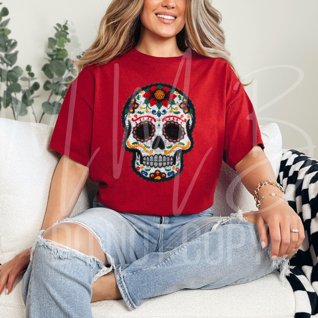 Sugar Skull Faux Yarn Graphic Tee or Crewneck