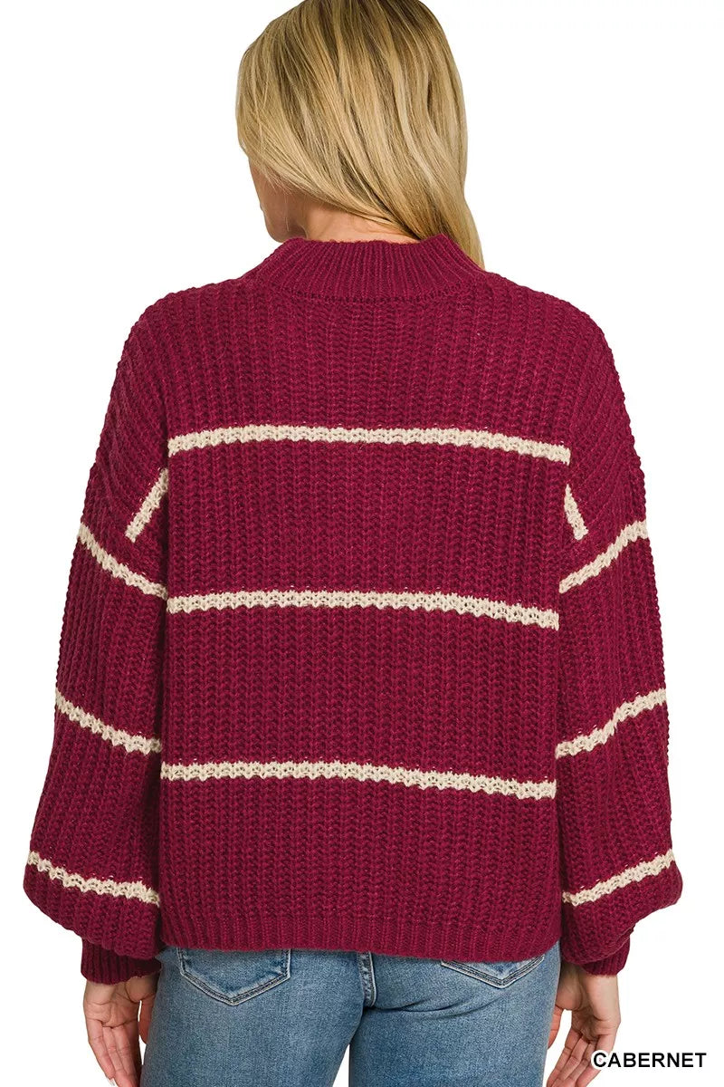 Oversized cabernet striped sweater with soft knit fabric, ribbed trim, relaxed boutique fall style view 3