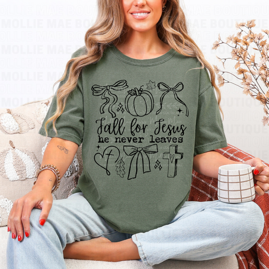 Fall for Jesus He Never Leaves – Doodle Graphic Tee
