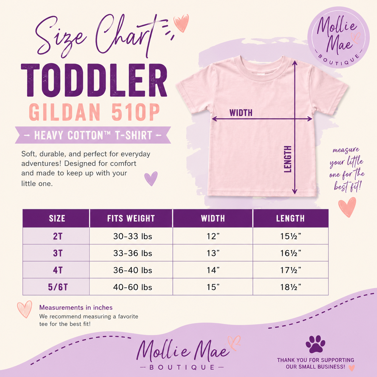 A size chart graphic for a toddler Gildan 510P t-shirt by Mollie Mae Boutique. The chart features a light pink t-shirt illustration with arrows indicating width and length measurements, alongside a table listing sizes 2T through 5/6T with corresponding weights, widths, and lengths.