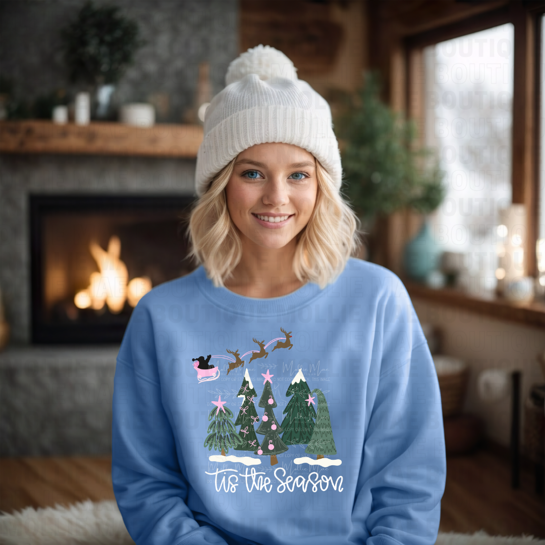 Tis the Season Pink Sleigh — Carolina Blue Sweatshirt or Tee