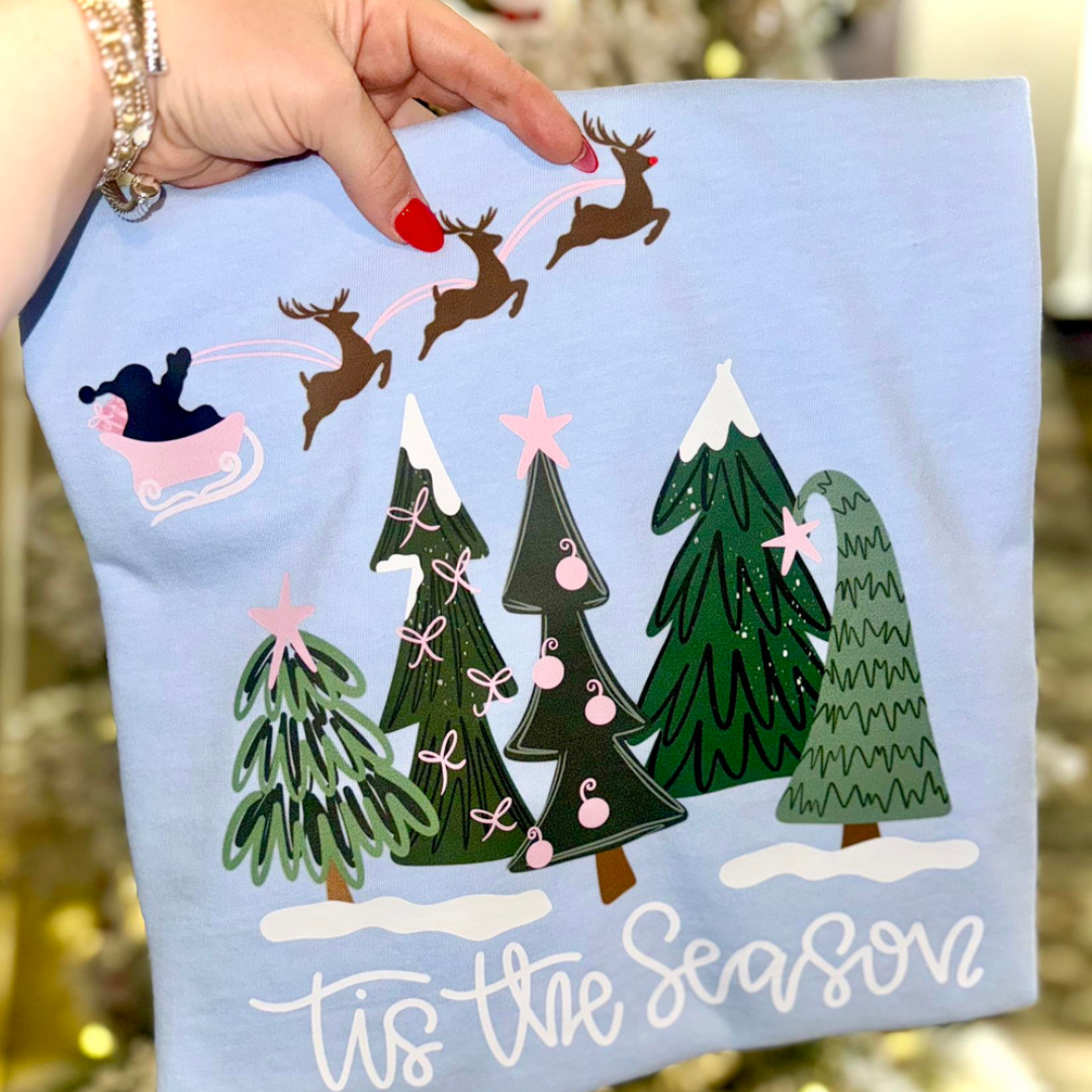 Tis the Season Pink Sleigh — Carolina Blue Sweatshirt or Tee