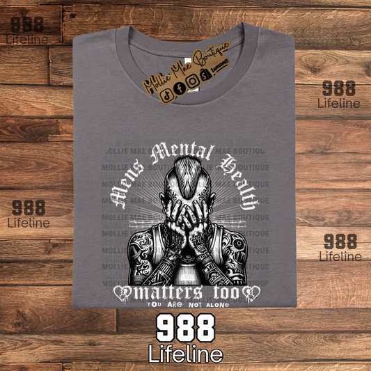 Unisex Men’s Mental Health Matters Too graphic tee with gothic font and tattooed figure design, laid flat on display