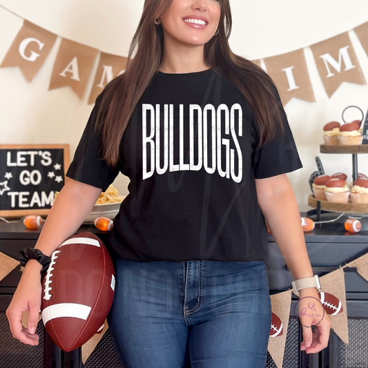 BULLDOGS Graphic Tee – Oversized Athletic Font | Red or Black Gildan