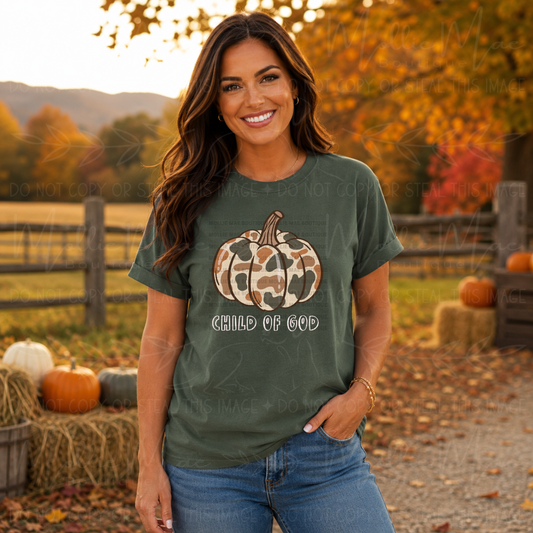 Child of God Camo Pumpkin Christian Fall Graphic Tee