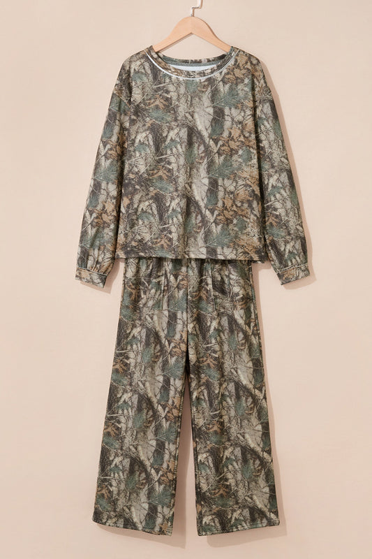 green woodland camo long sleeve top and pants two-piece boutique outfit