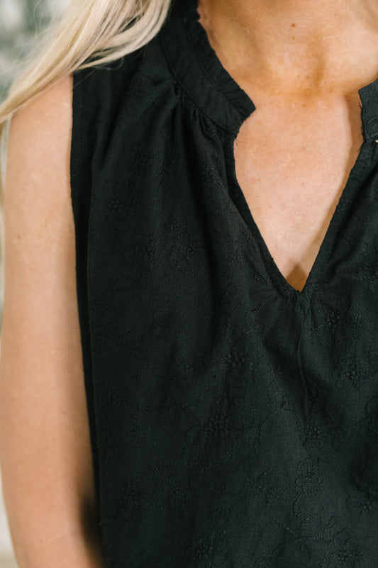 multiple colors Camellia Split Neck Embroidered Tank in Black with floral embroidery, a ruffled split neck, and an easy A-line shape, boutique fashion