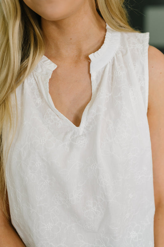 multiple colors Camellia Split Neck Embroidered Tank in Off White with floral embroidery, a ruffled split neck, and an easy A-line shape, boutique fashion
