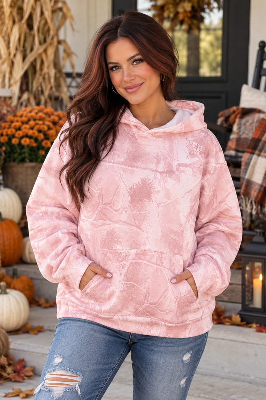 Camo Kangaroo Pocket Drop Shoulder Hoodie - light pink