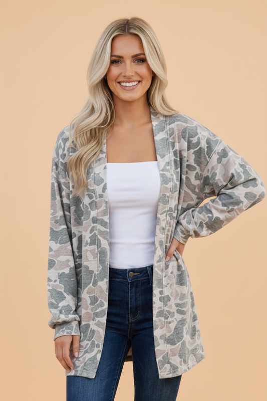 Multicolour Camo Open Front Tunic Cardigan with an open front, flattering tunic length, and easy layering style, boutique fashion