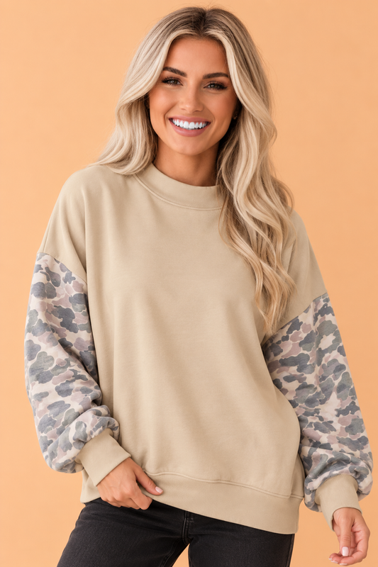 Coffee camo patchwork sleeve drop shoulder crewneck sweatshirt with casual boutique styling
