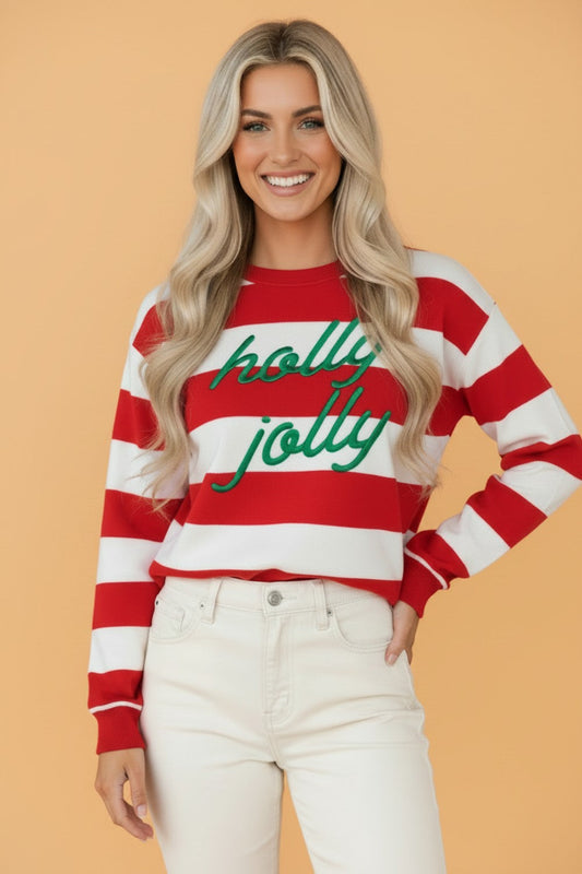 red stripe Holly Jolly embroidered Christmas boutique sweatshirt