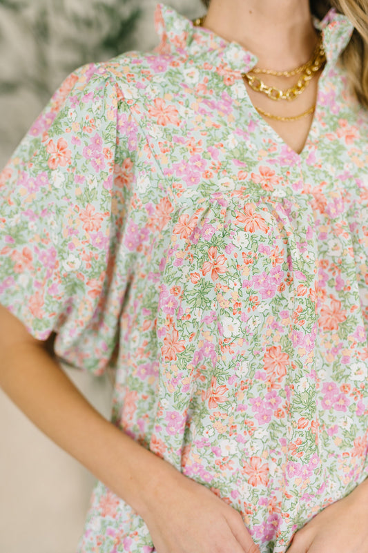 Flower Picking Notch Neck Blouse