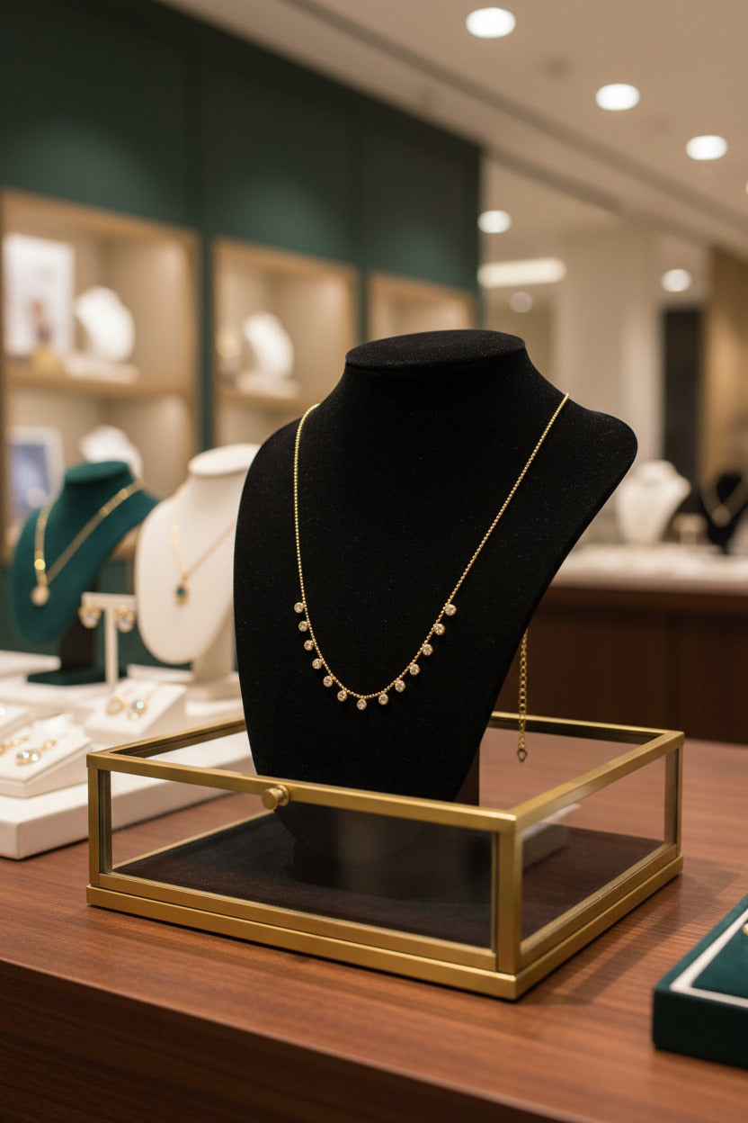 Gold necklace with small beads on a light gray background