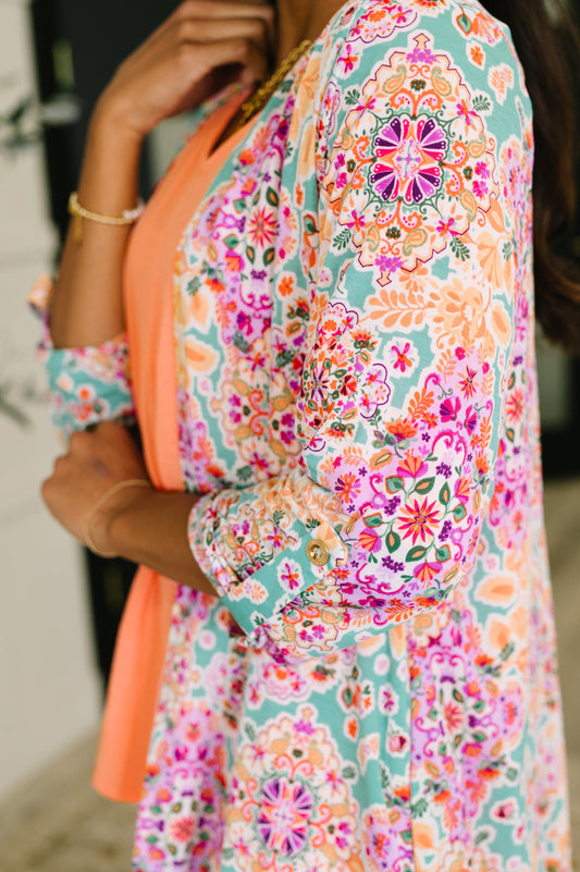 Lizzy Cardigan in Pink and Orange Floral Abstract