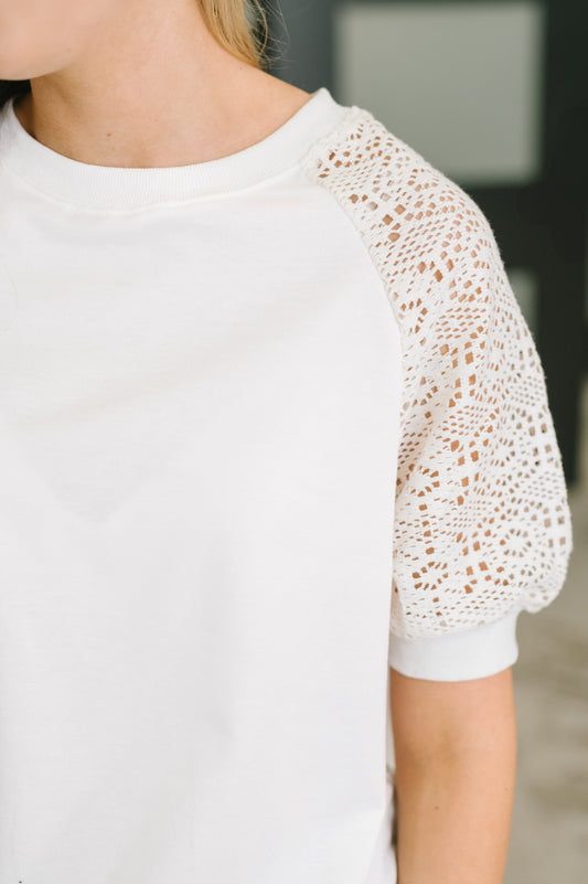 multiple colors Never Too Lace Raglan Crochet Sleeve Top with soft French terry, crochet sleeves, and comfortable stretch, boutique fashion