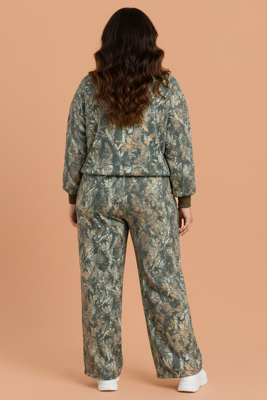 Plus size brown camo long sleeve top and pants set with relaxed boutique fit