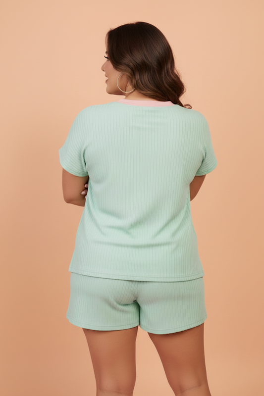 Plus Size Colorblock Ribbed Top & Drawstring Shorts Set