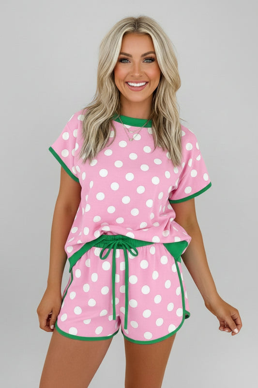 Polka Dot Contrast Trim Top & Short Set-Pink