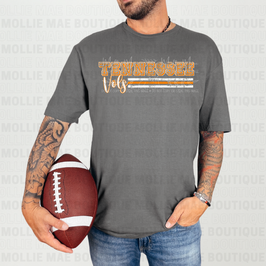 Man modeling Tennessee Vols Stripe Graphic Tee in charcoal with orange stripe graphic.