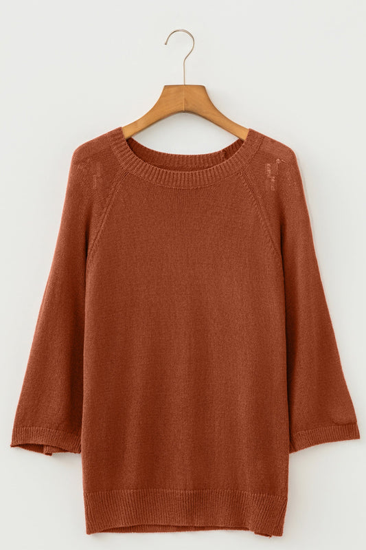 Coffee Ribbed Knit Three-Quarter Sleeve Sweater with soft ribbed texture, a relaxed fit, and easy three-quarter sleeves, boutique fashion