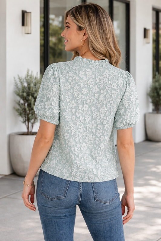 Adalyn Jacquard Puff Sleeve Blouse in Iceland Blue women's boutique apparel