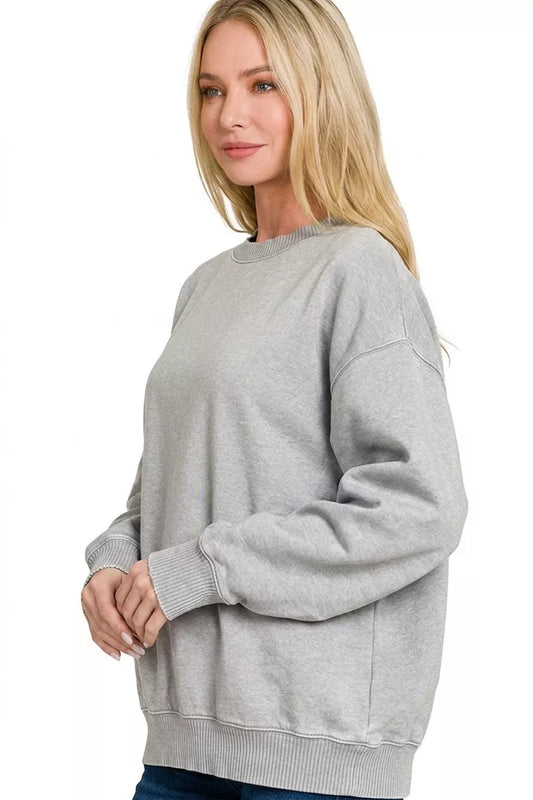 Sleet acid wash fleece sweatshirt with round neckline, vintage washed finish, cozy casual boutique style view 2