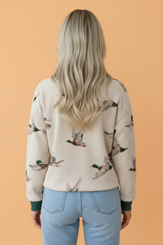 Beige Mallard Duck Corded Knit Pullover with a playful duck print, contrast trim, and a cozy relaxed fit, boutique fashion