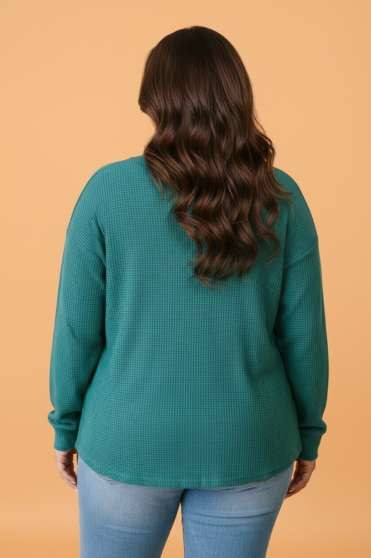 Plus Size Lapis Waffle Knit Button Cardigan with waffle texture, functional buttons, and a comfortable tunic fit, boutique fashion