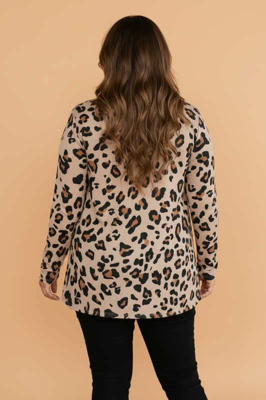 Khaki Plus Size Leopard Open Front Tunic Cardigan with a bold leopard print, open front, and flattering tunic length, boutique fashion