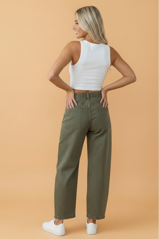 Four Leaf Clover solid denim patch pocket barrel jeans with solid denim, barrel-leg silhouette and square patch pockets, women’s boutique fashion