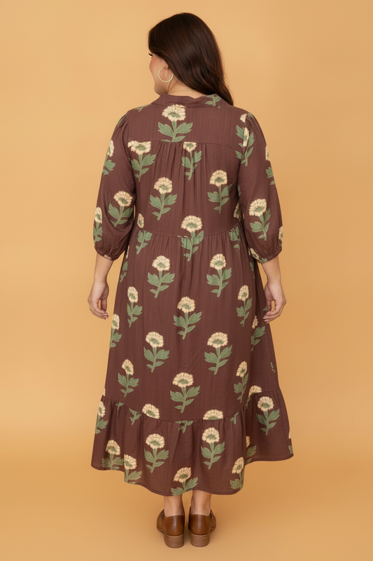 plus size brown floral V-neck long sleeve midi boutique dress