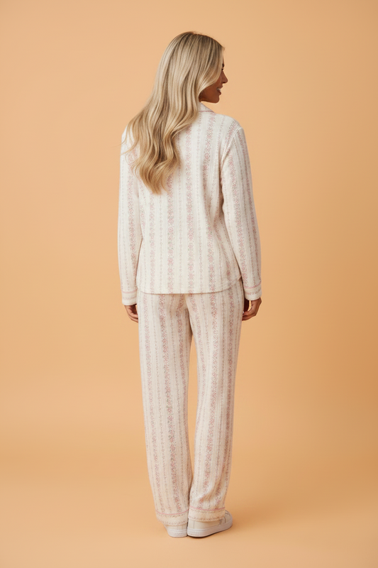 pink floral stripe pajama set with long sleeve button top and drawstring pants boutique loungewear