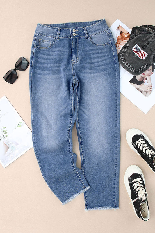 sky blue buttoned high waist raw hem skinny jeans for women
