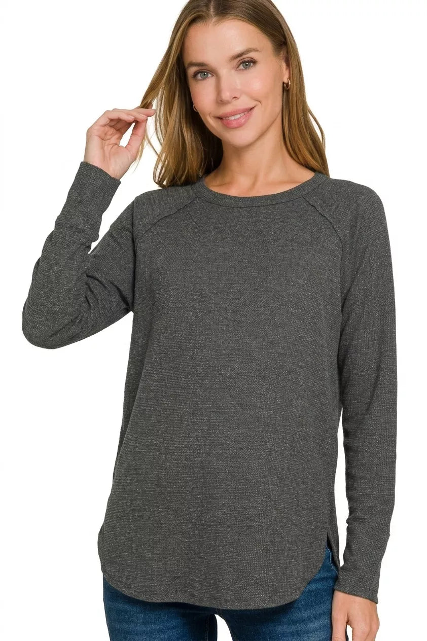 Black baby waffle knit long sleeve top with textured fabric and casual fit - view 3