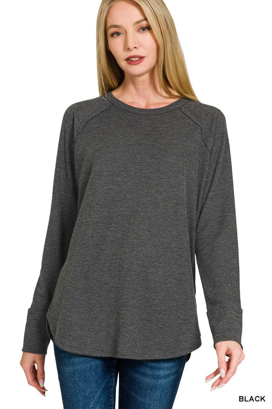 Black baby waffle knit long sleeve top with textured fabric and casual fit - view 2