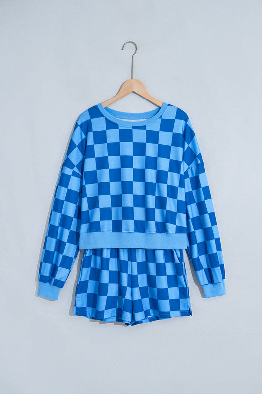 Dark Blue Checker Long Sleeve Crop Top & Shorts Set with checker print women's boutique fashion