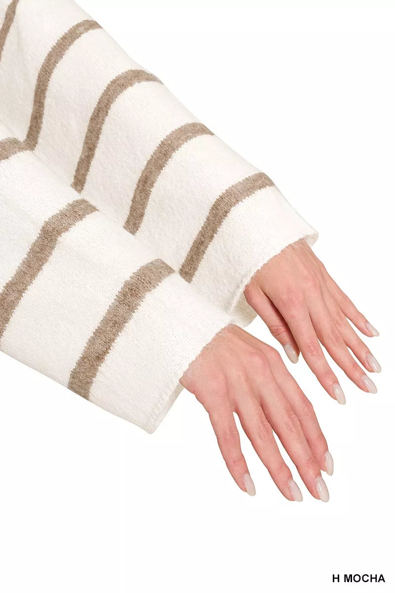 Mocha wool blend striped sweater with horizontal stripes, long sleeves, relaxed boutique style view 8